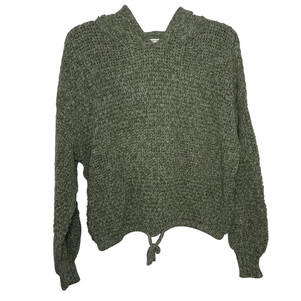 American Eagle Women's Green Hooded Knit Sweater Small Cozy Drawstring Pullover